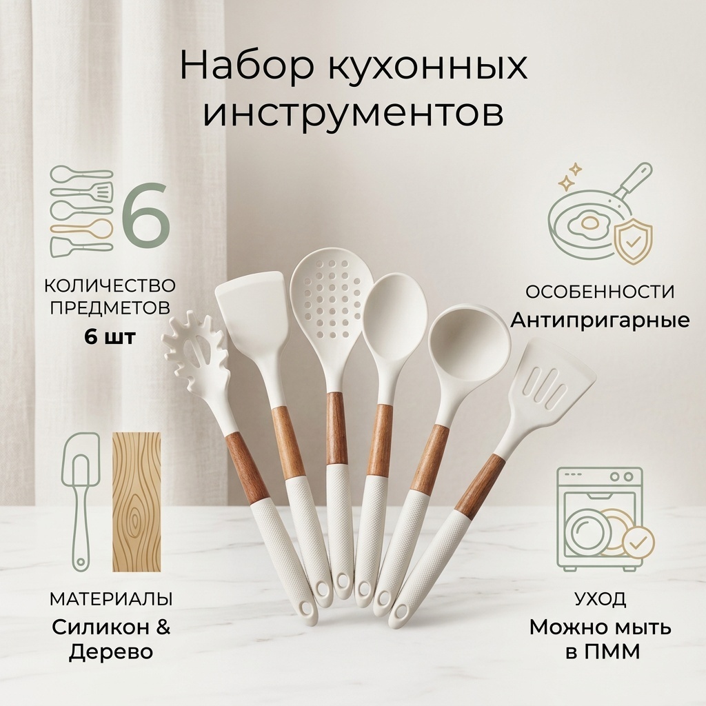 Набор кухонных инструментов дерево, силикон, 6 шт