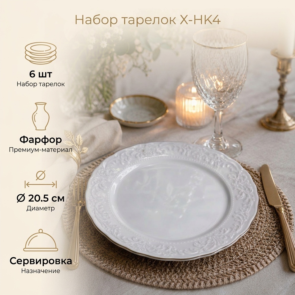 Набор тарелок 20.5 см, 6 шт, фарфор
