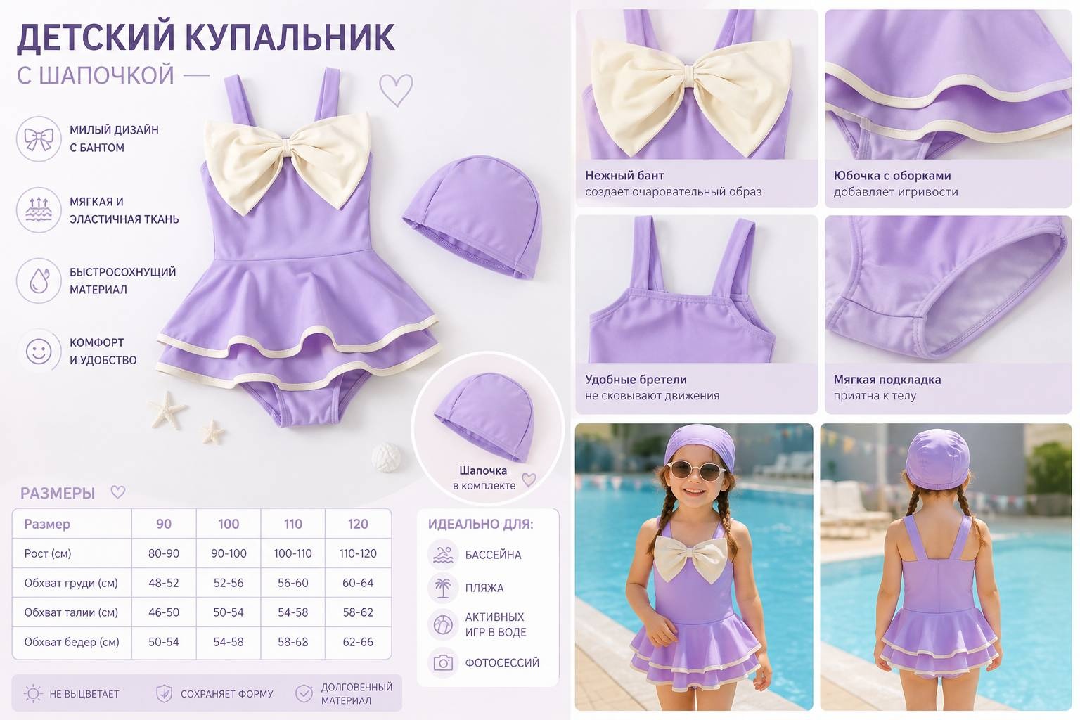 Слитный купальник белый, фиолетовый