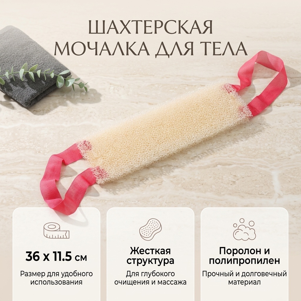 Шахтерская мочалка для тела, универсальное бежевый, красный 1 шт