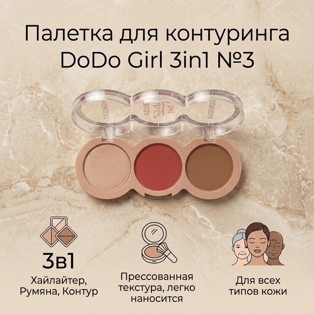 DoDo Girl Палетка для контуринга лица Dodo Girl 3in1 Highlight-Blush-Contour, Хайлайтер-Румяна-Контур №3 набор для контуринга 3