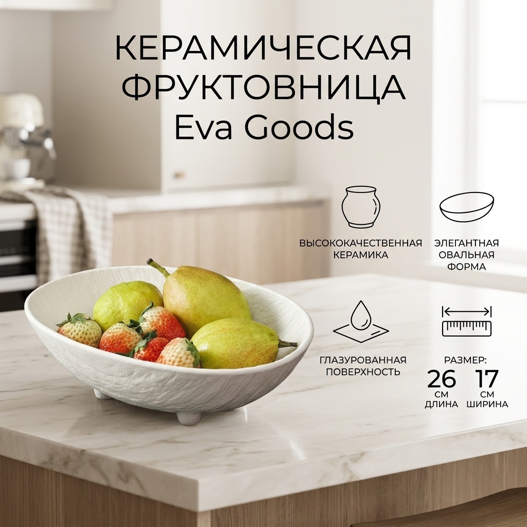 Eva Goods фруктовница на ножках с глазурованной поверхностью, овальная 1 шт