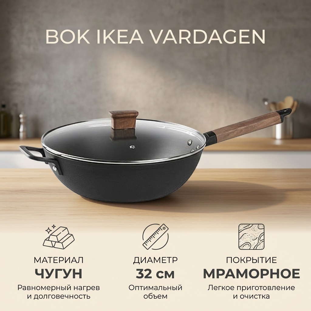 Вок IKEA 32 см с антипригарным покрытием, чугун