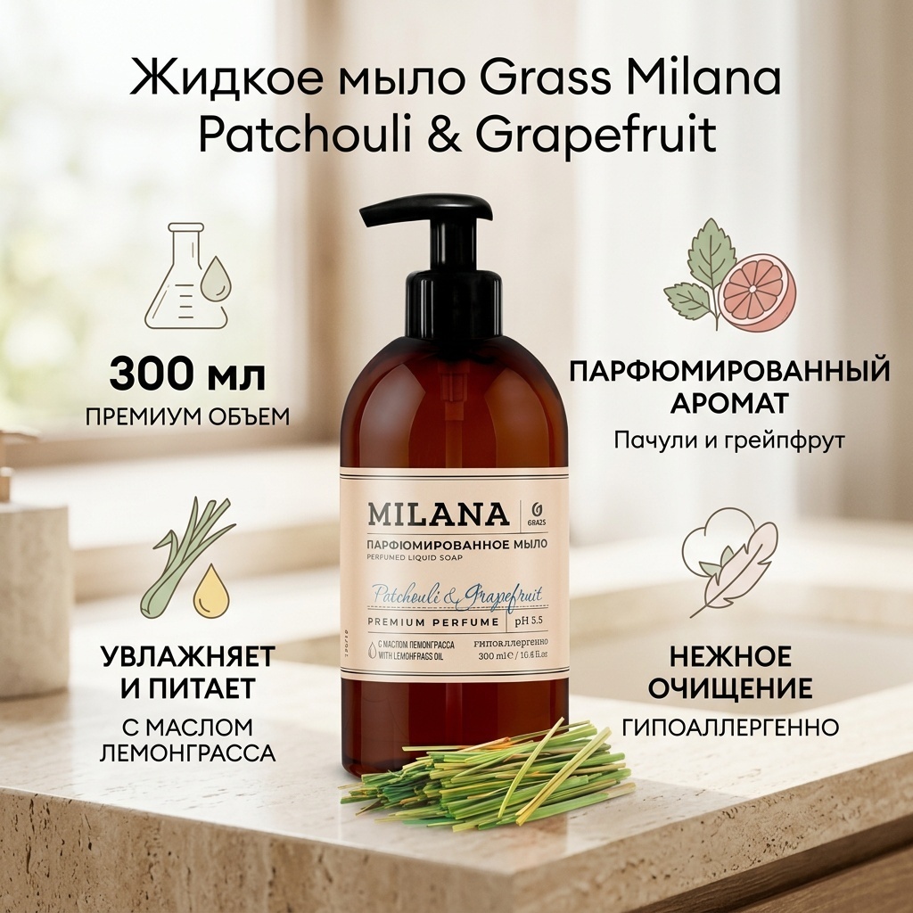 Жидкое мыло туалетное Grass Milana Пачули и грейпфрут 300 мл