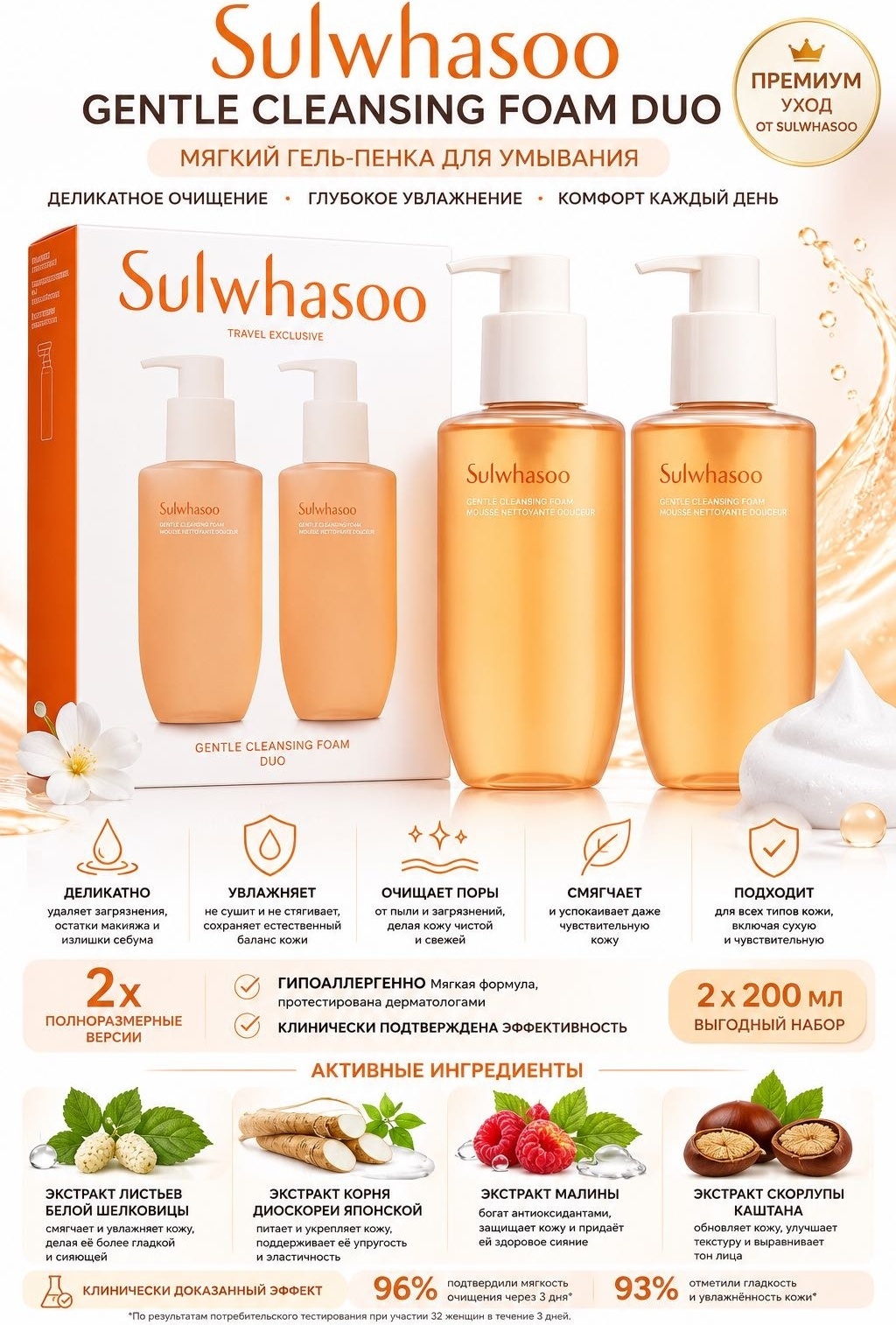 Sulwhasoo Gentle Cleansing Foam Duo Travel Exclusive 200ML*2 пенка 2 шт по 200 мл