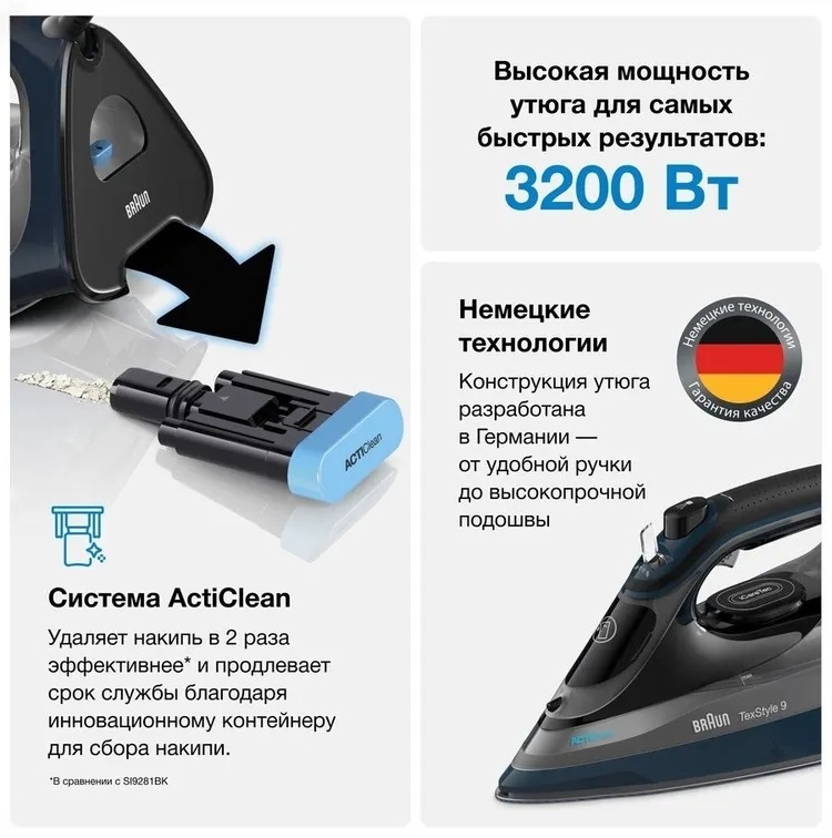 Утюг Braun TexStyle 9 SI9682DB черный, синий — фото 5
