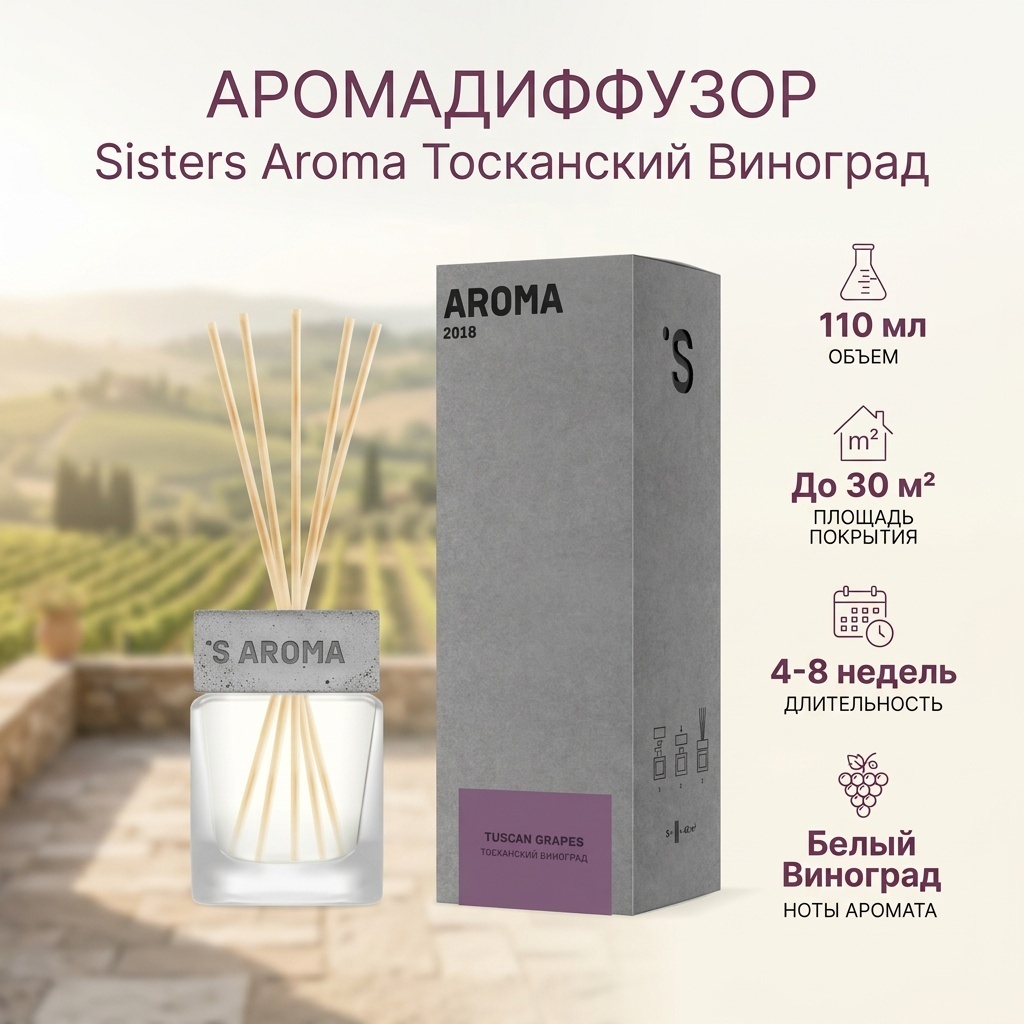 Диффузор с палочками Sisters Aroma фруктовые. Тонкий, прозрачный, искрящийся аромат белого винограда, в меру сладкий, кто-то сможет расслышать нотки яблока и цитрусовых. 110 мл