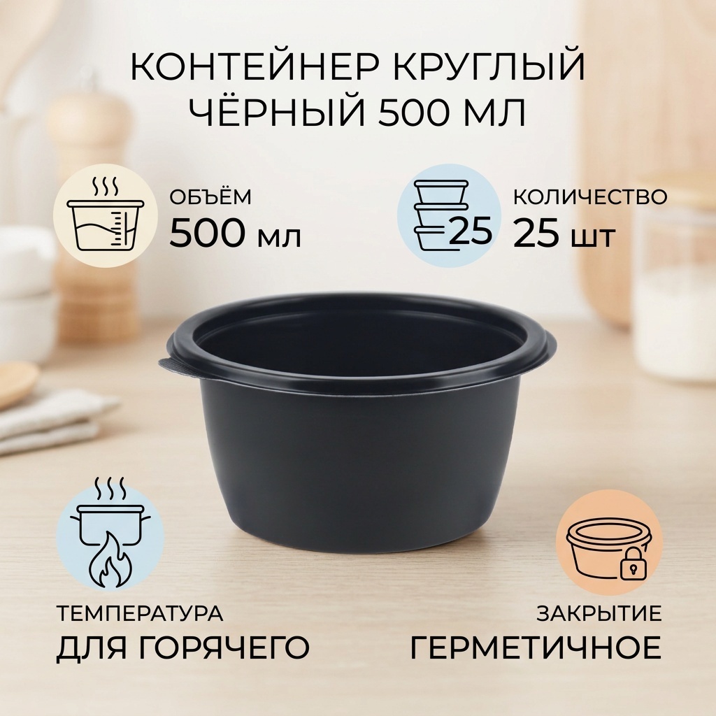 Контейнер круглый чёрный глубокий 500 мл.с крышкой (25 шт)