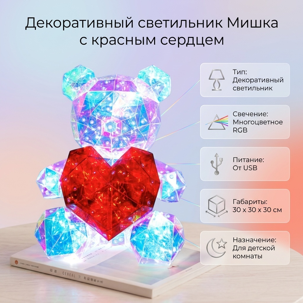 Декоративный светильник настольный Мишка с красным сердцем, разноцветный