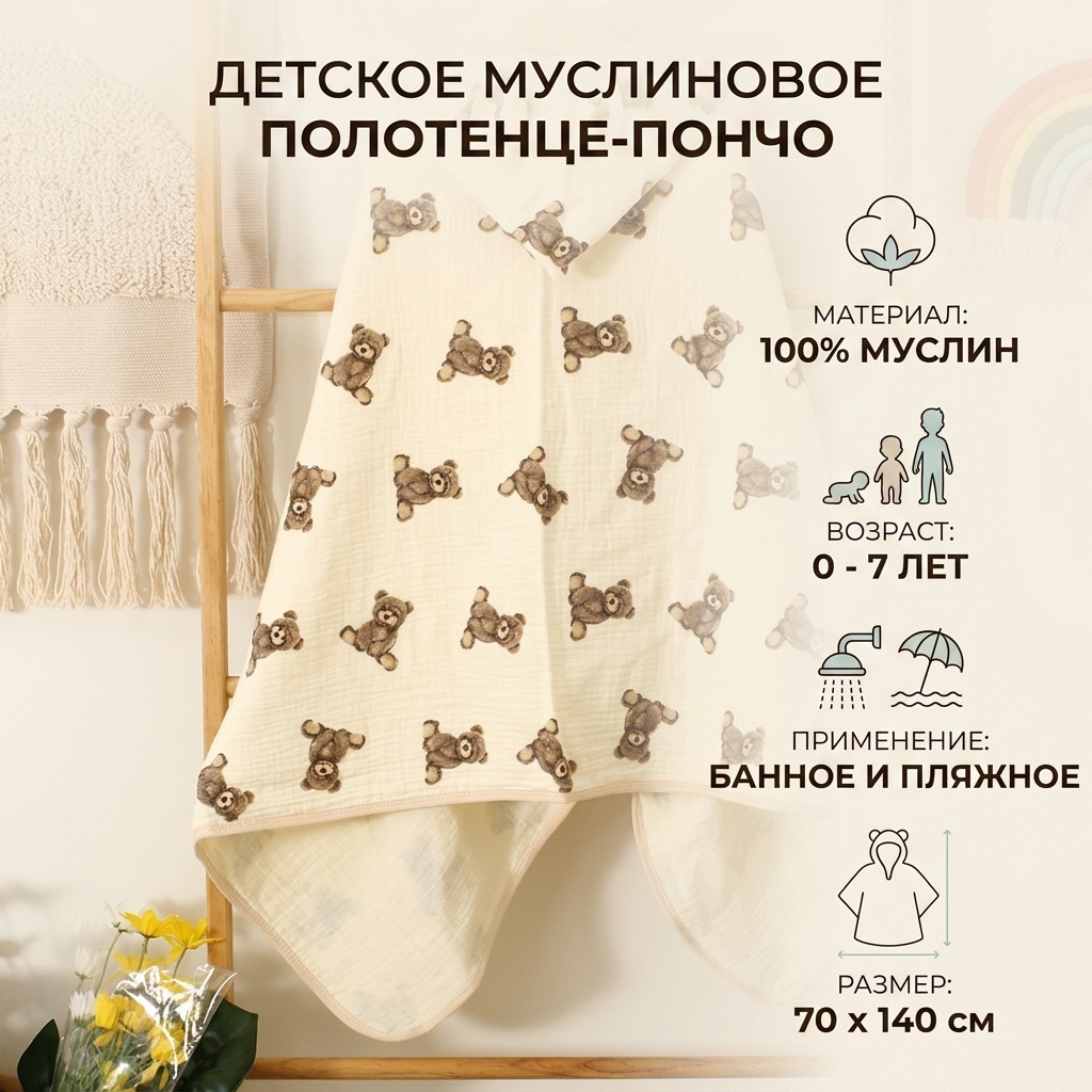 Полотенце-пончо 70x140 см, муслин, 1 шт,