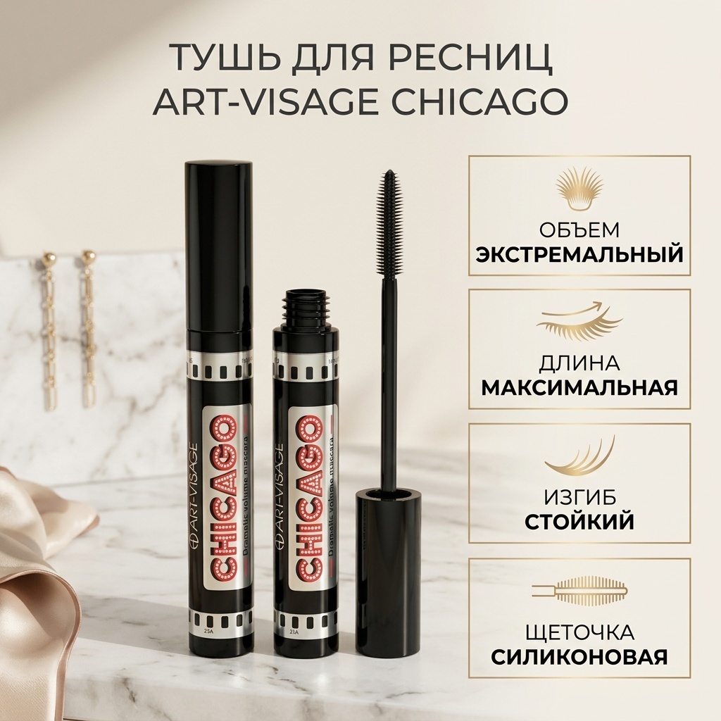 Тушь для ресниц Art-Visage Chicago черный для объема, подкручивающая черный