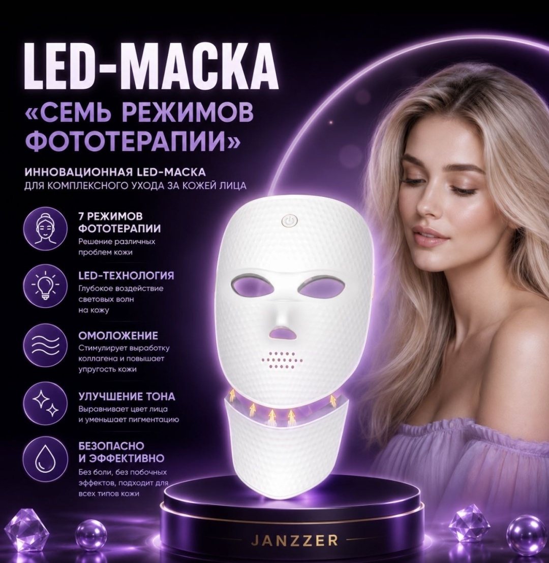 JANZZER аппарат светодиодной LED терапии, светодиодная маска для лица
