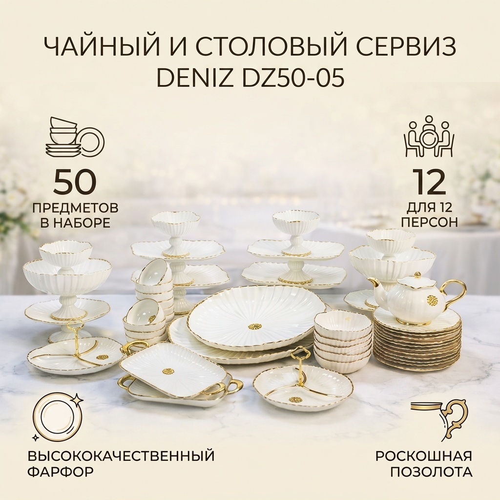 Сервиз на 12 персон Deniz , предметов: 50, набор для чайной церемонии, фарфор