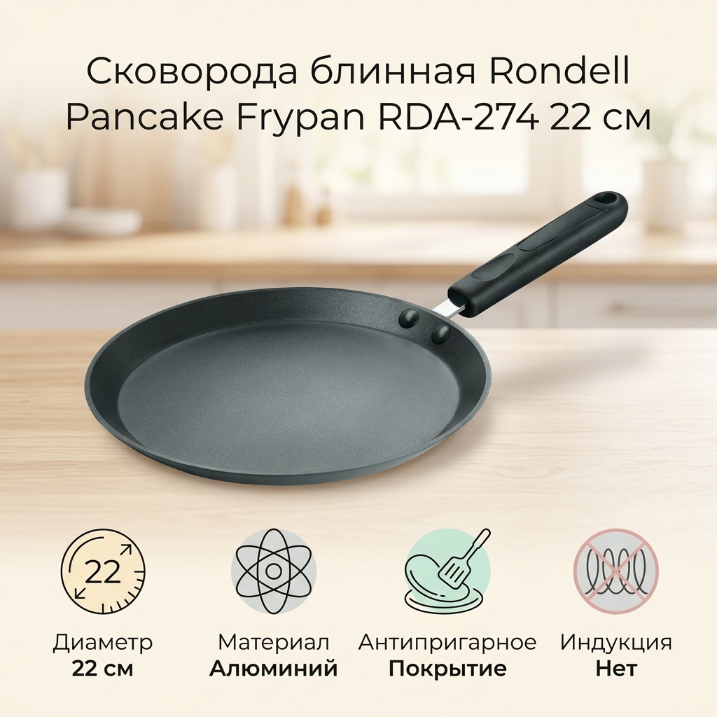 Блинная сковорода Rondell Pancake Frypan 22 см с антипригарным покрытием, алюминий