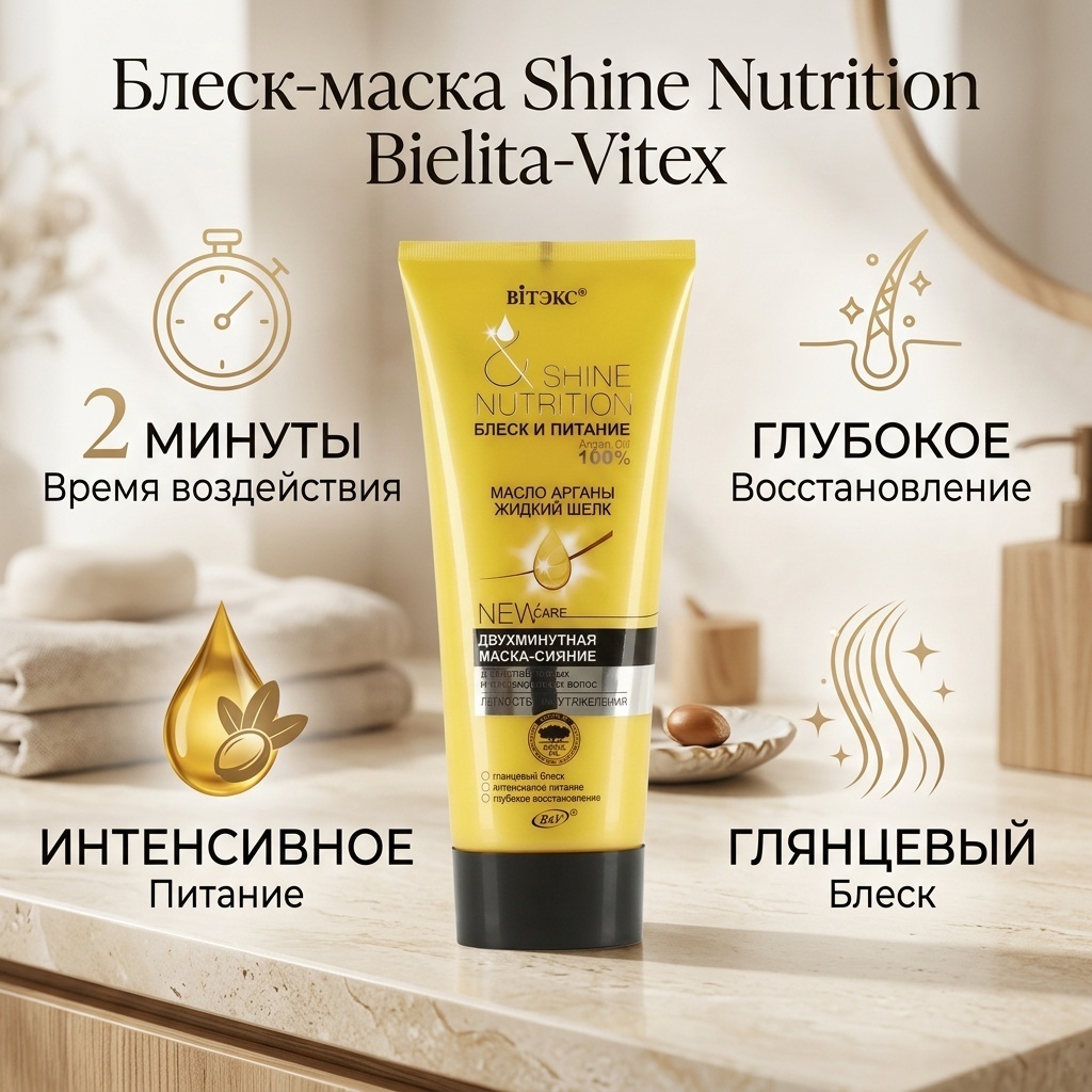 Bielita-Вiтекс Блеск -маска двухминутная для ослабленных волос 200 мл