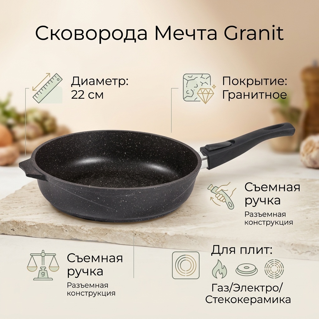 Сковорода Мечта Granit 22 см с антипригарным покрытием, алюминий