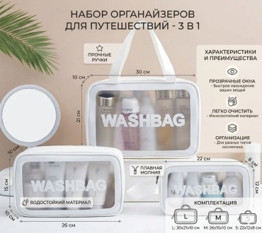 Washbag косметичка полиэстер белый, прозрачный 21х30 см