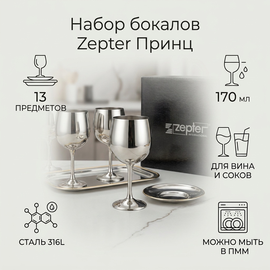 Бокал Zepter 170 мл, нержавеющая сталь, 13 шт