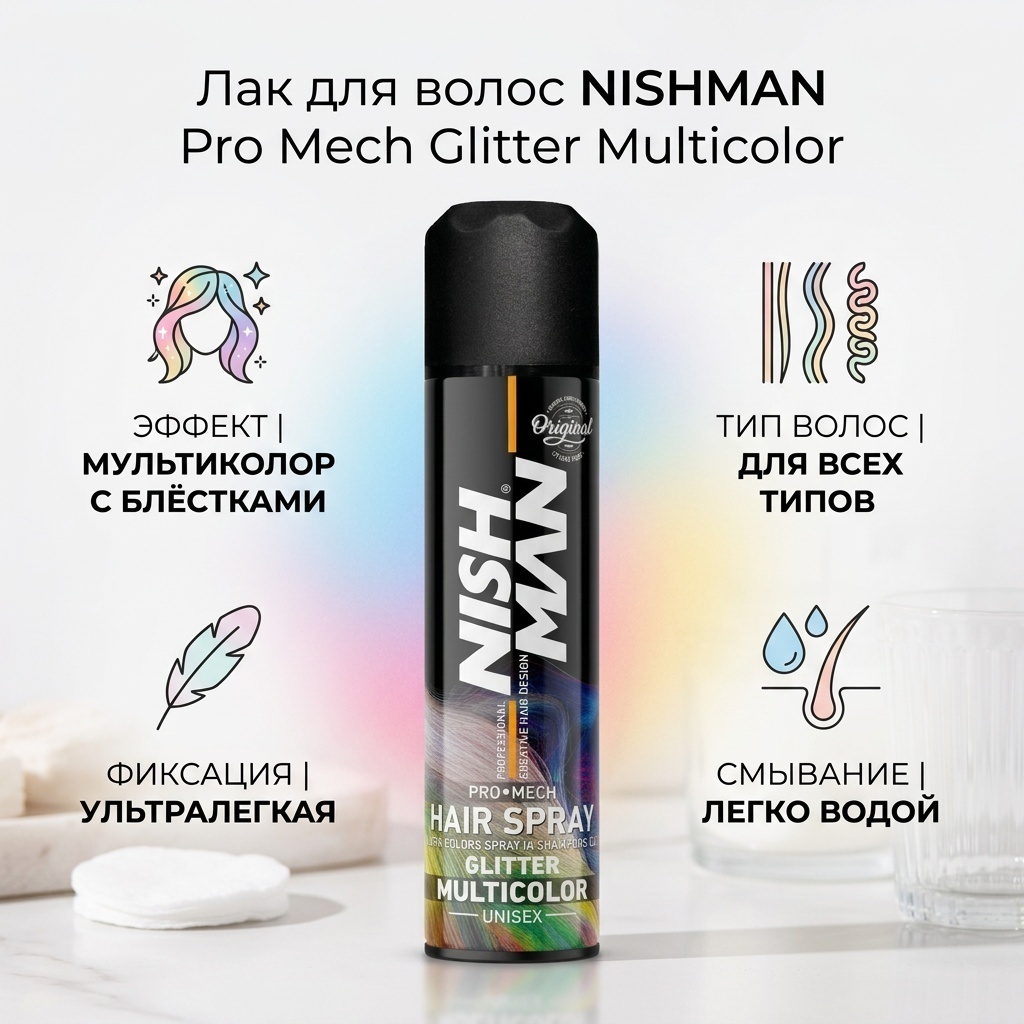 NISHMAN Pro Mech Hair Spray Glitter Multicolor лак ультралегкая фиксация 150 мл