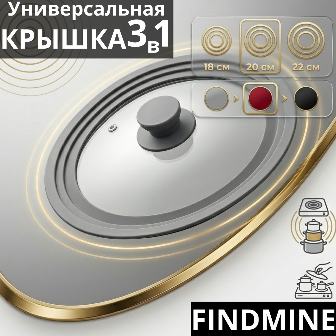 Крышка для сковороды, для сотейника, для кастрюли, для казана, универсальная FINDMINE 18 см, 20 см, 22 см, силикон, стекло