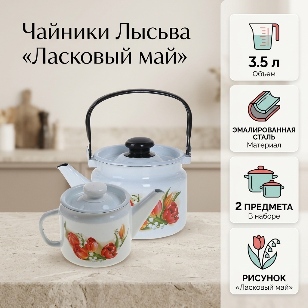 Лысьва набор чайников Ласковый май 3С-345П2/4Рч 3.5 л, эмаль