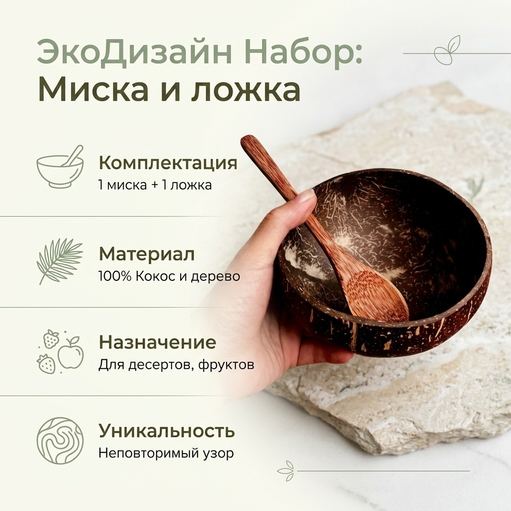Салатник ЭкоДизайн 9х11 см, дерево, скорлупа кокосового ореха, 2 шт