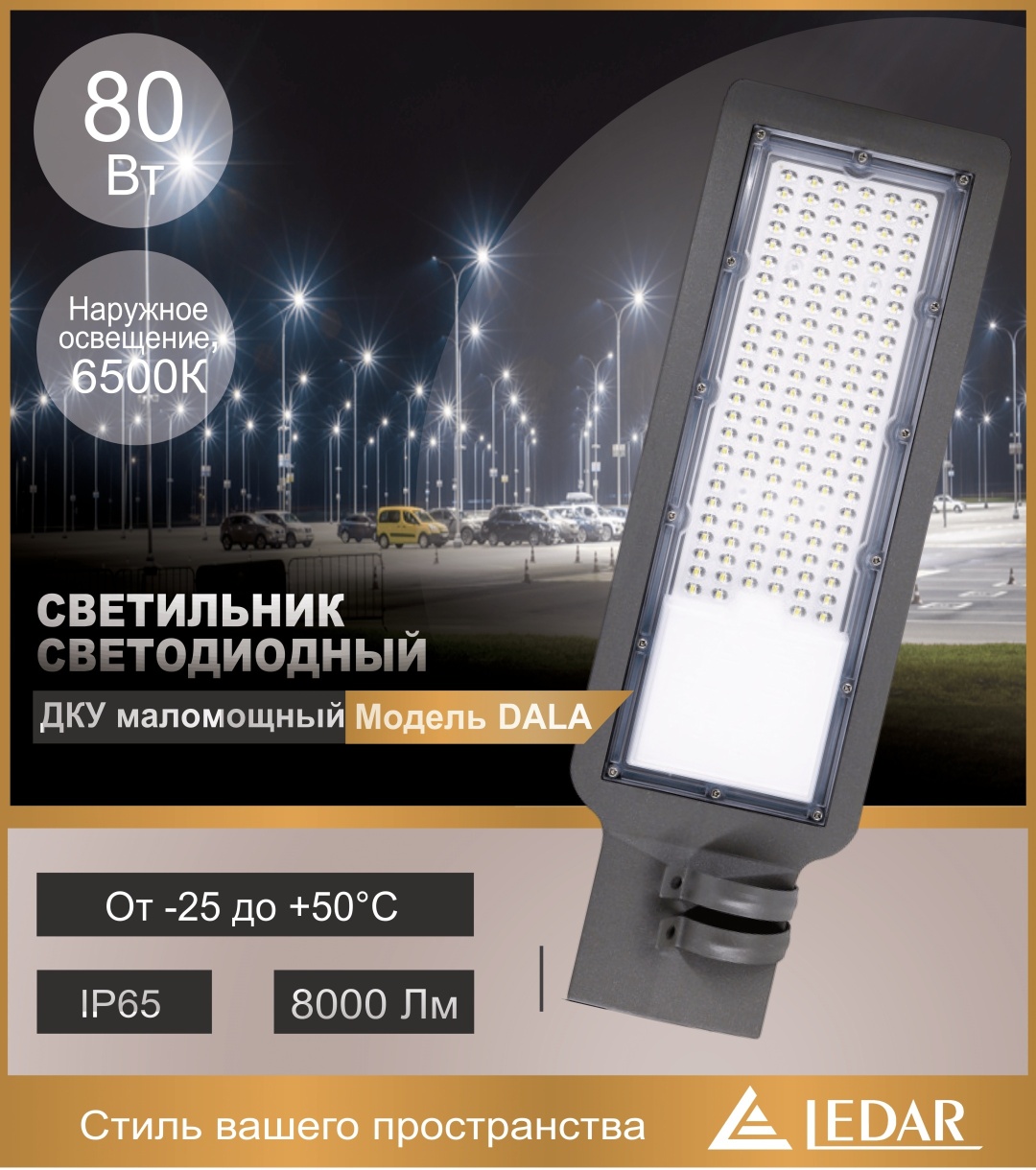 Уличный светильник консольный, наземный, подвесной LEDAR LED 80 Вт 42 см