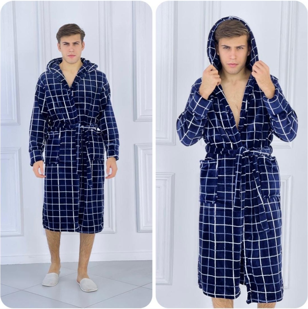 Махровый халат Fashion синий, белый