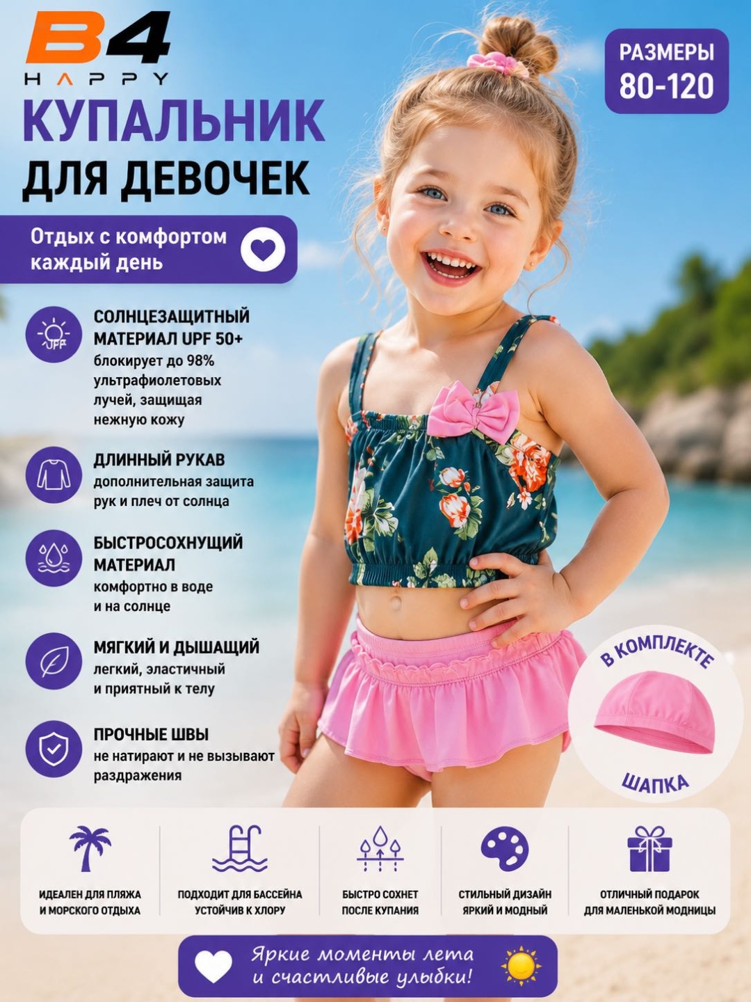Раздельный купальник B4 Happy розовый, темно-синий