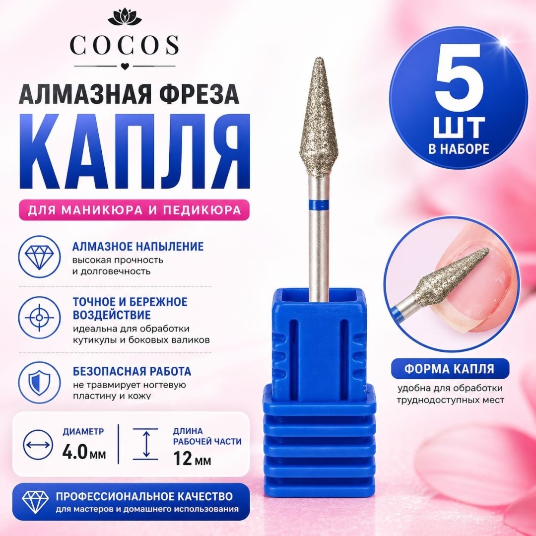 Насадка COCOS nail К40 фреза капля насечка синяя 5 шт