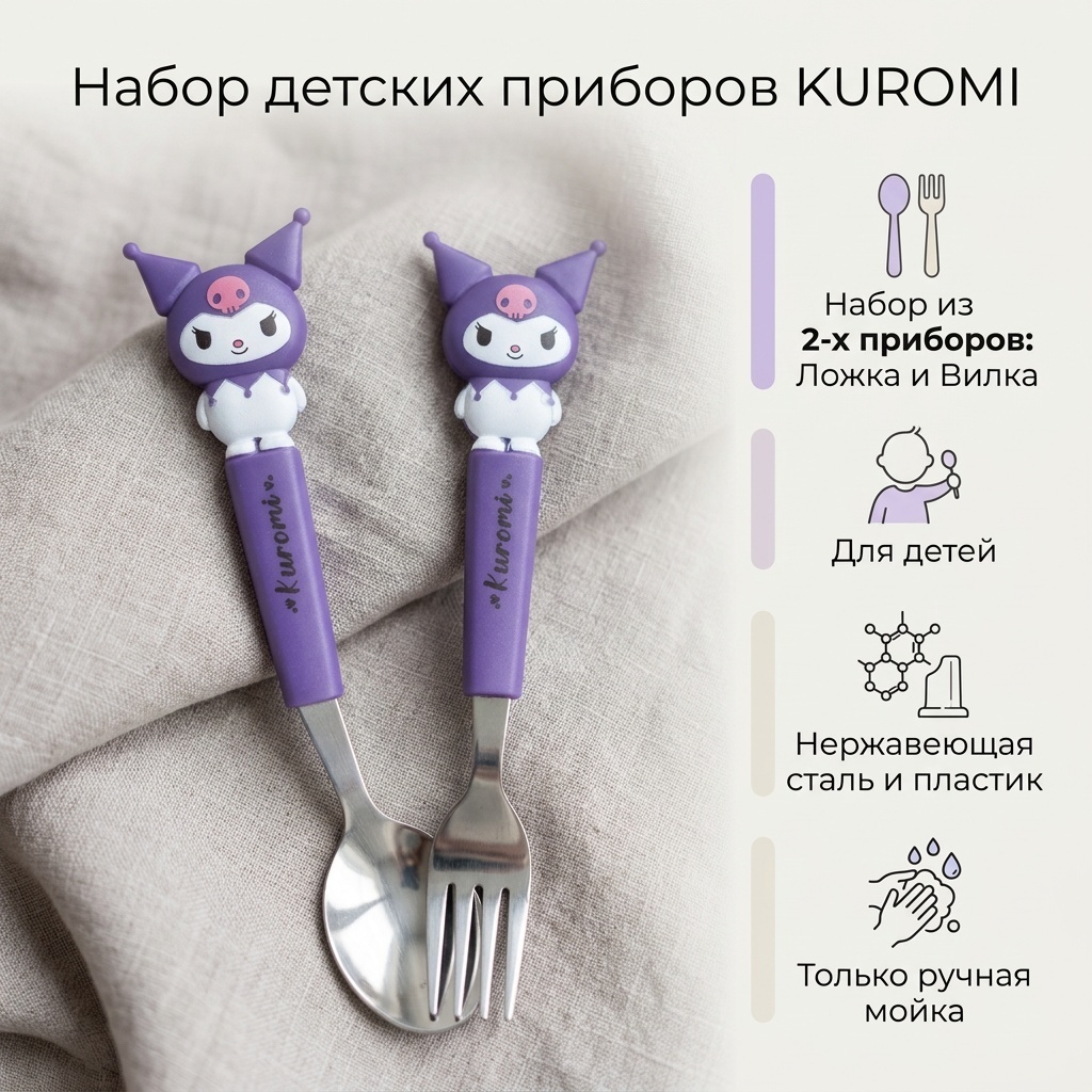 Набор столовых приборов 2 шт, фиолетовый Ложка+Вилка KUROMI