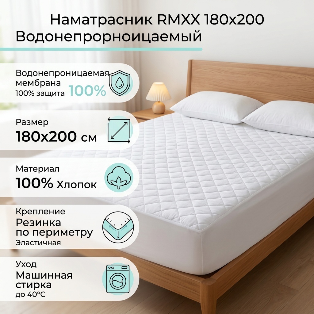 RMXX наматрасник на резинке непромокаемый водонепроницаемый защитный чехол на матрас 180x200, хлопок