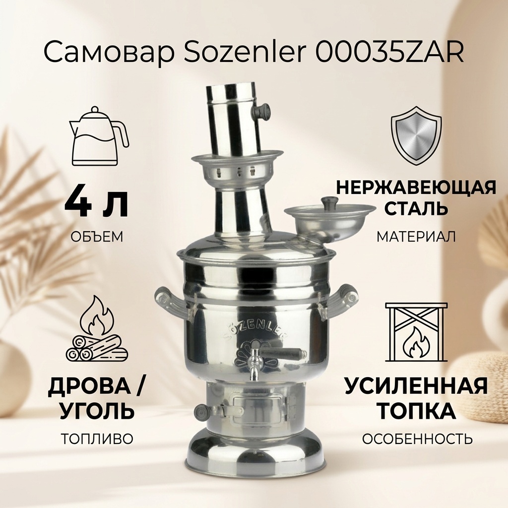 Sozenler самовар 00035ZAR 4 л, нержавеющая сталь