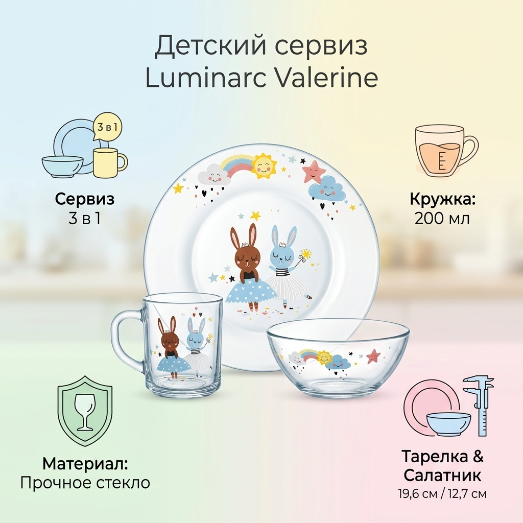 Сервиз на 1 персону Luminarc Valerine, предметов: 3, детский, стекло