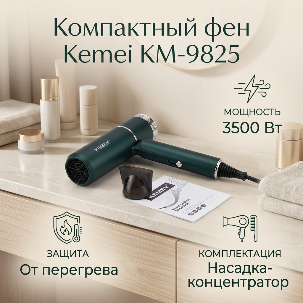 Kemei KM-9825 компактный фен зеленый