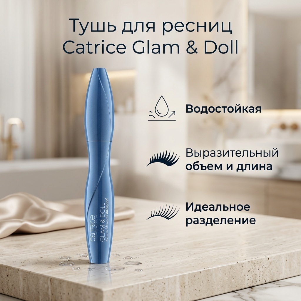 Тушь для ресниц Catrice Glam and Doll Volume Waterproof для объема, удлиняющая черный