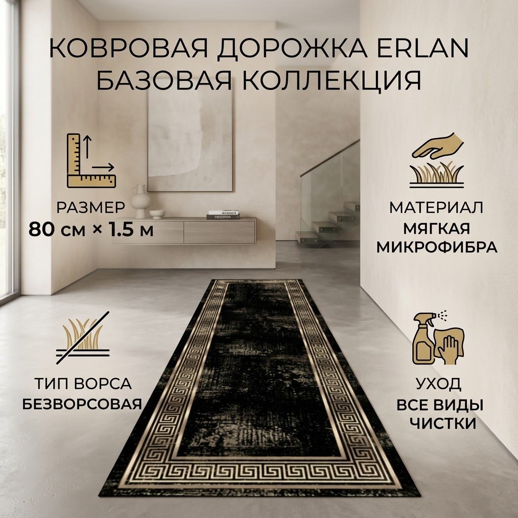 Ковровая дорожка Erlan безворсовая, микрофибра, 80 см x 1.5 м