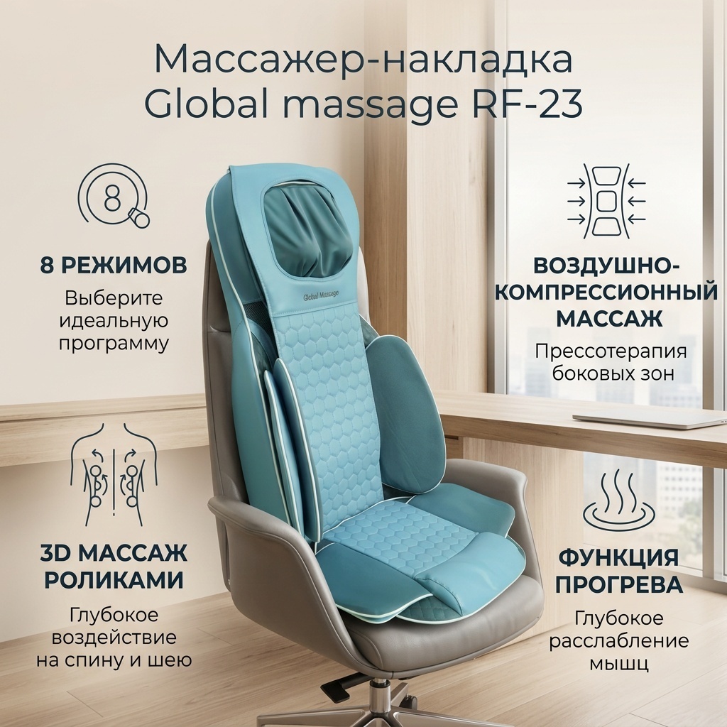 Массажер Global massage RF-23 накладка на спинку стула 3D-массаж, акупунктурный, вибрационный, воздушно-компрессионный, разминающий, разогревающий