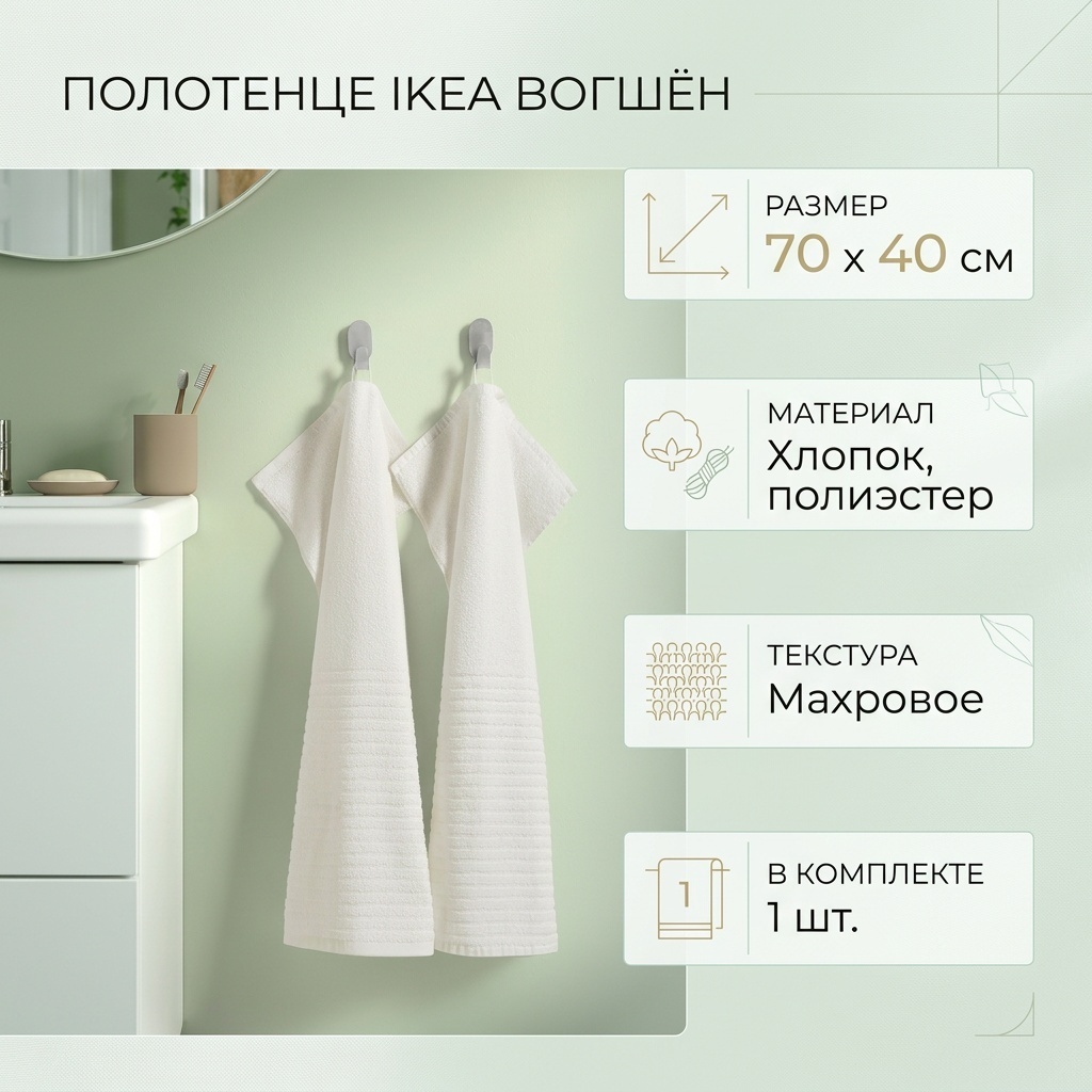 Полотенце IKEA 70x40 см, хлопок, полиэстер, 1 шт,