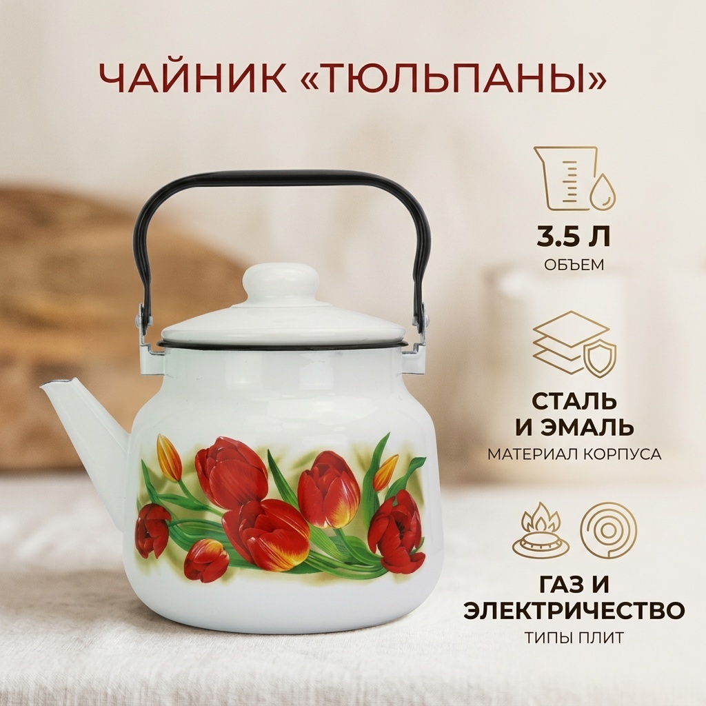 Эмаль чайник 01р-2713/4-Тюльпаны 3.5 л, сталь