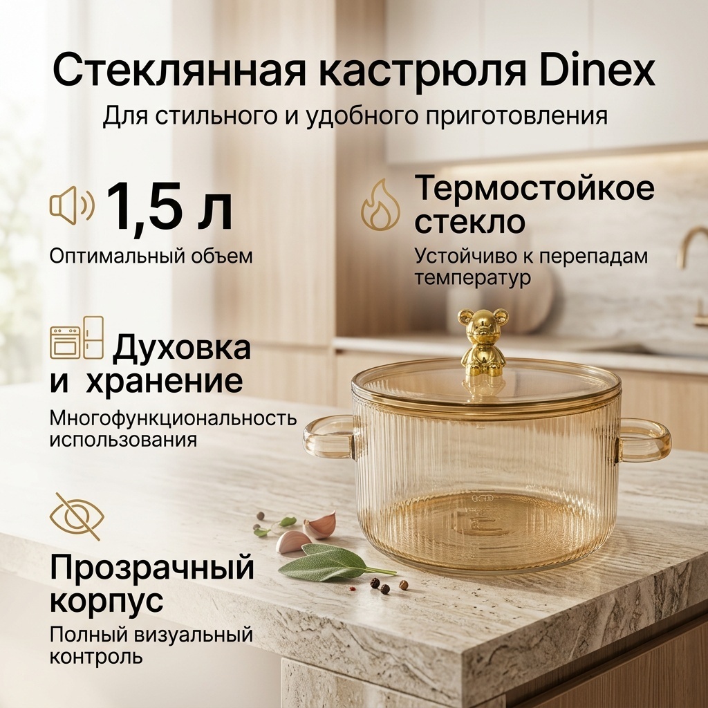 Кастрюля 1.5 л, Dinex Кастрюля стекло
