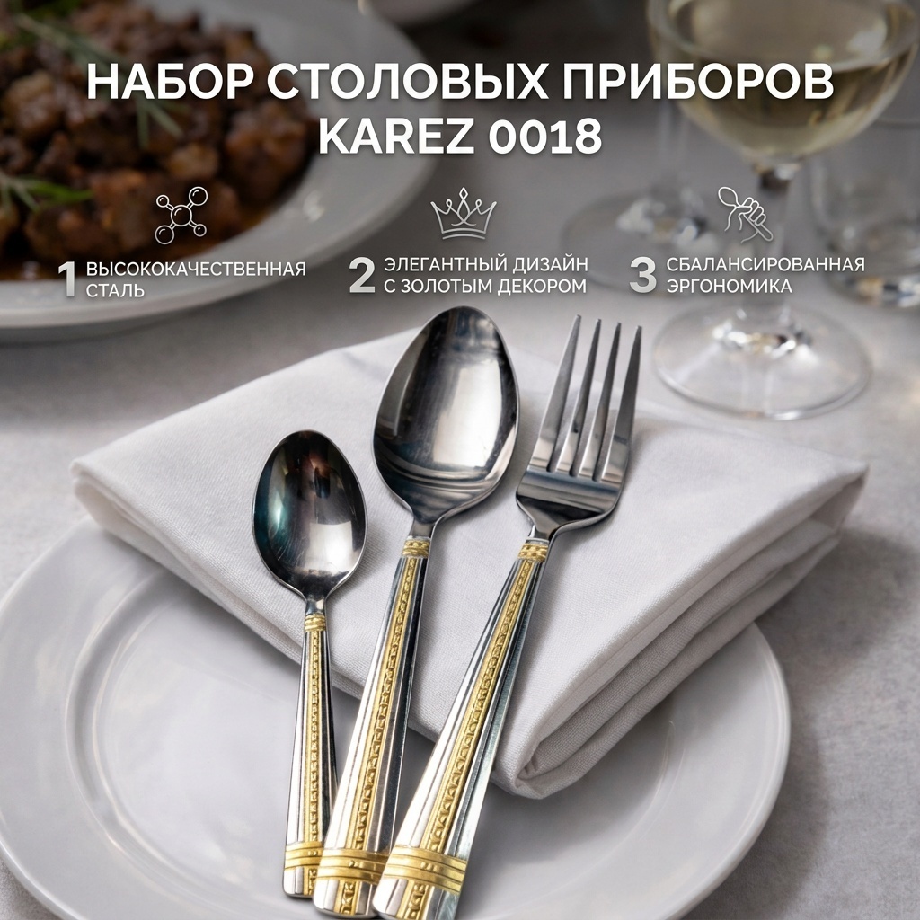 Набор столовых приборов Karez 18 шт, золотистый, серебристый 0018