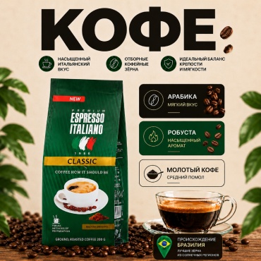 Кофе Espresso Italiano Classic молотый в пакете 200 г
