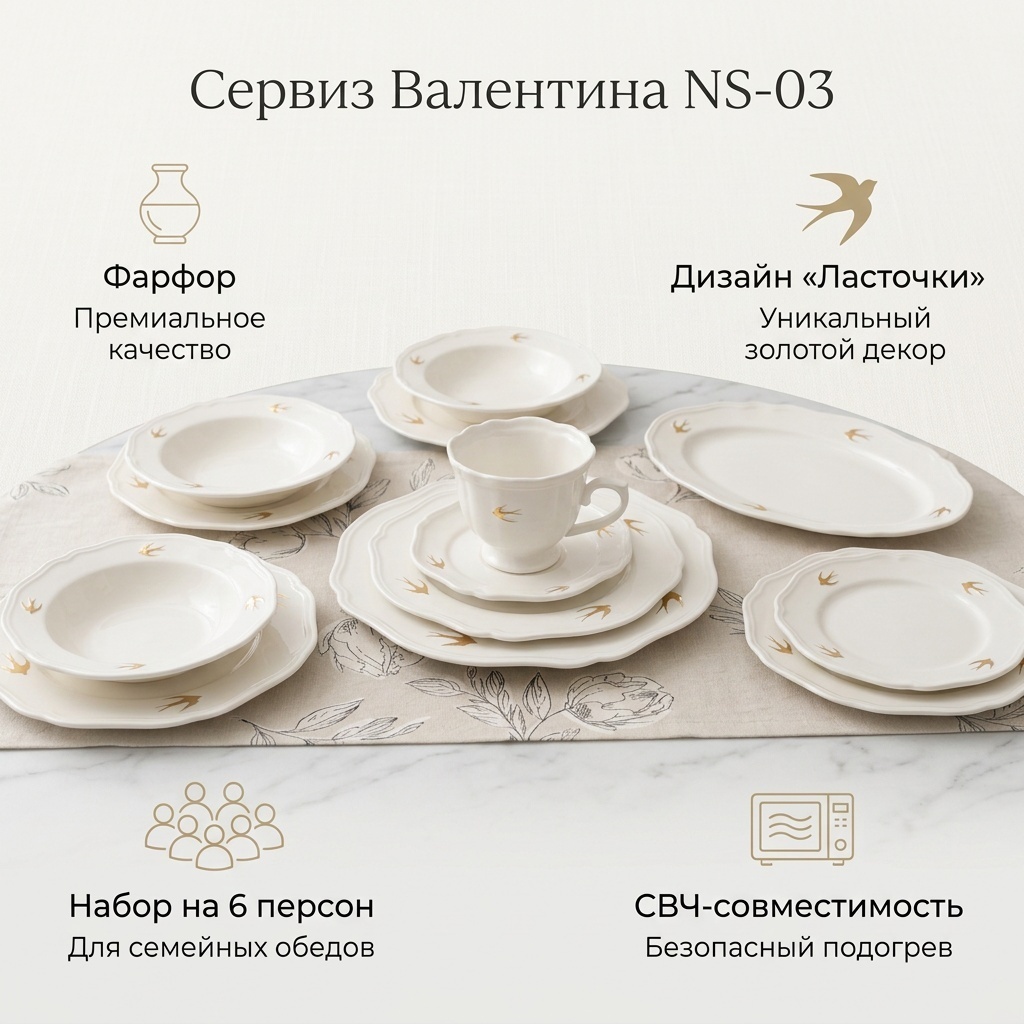 Сервиз на 6 персон Valentina Ласточки, предметов: 32, чайно-столовый, фарфор