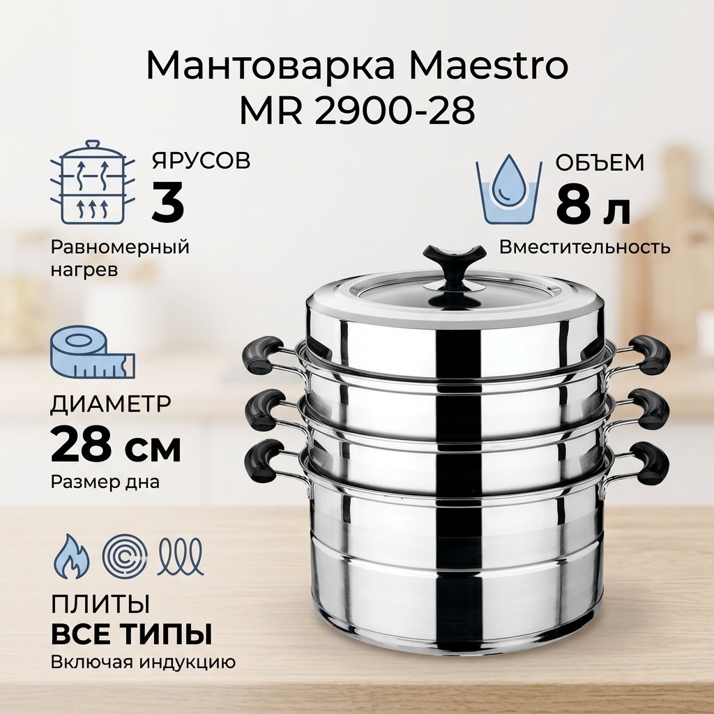 Мантоварка 8 л, Maestro сталь, количество ярусов: 3