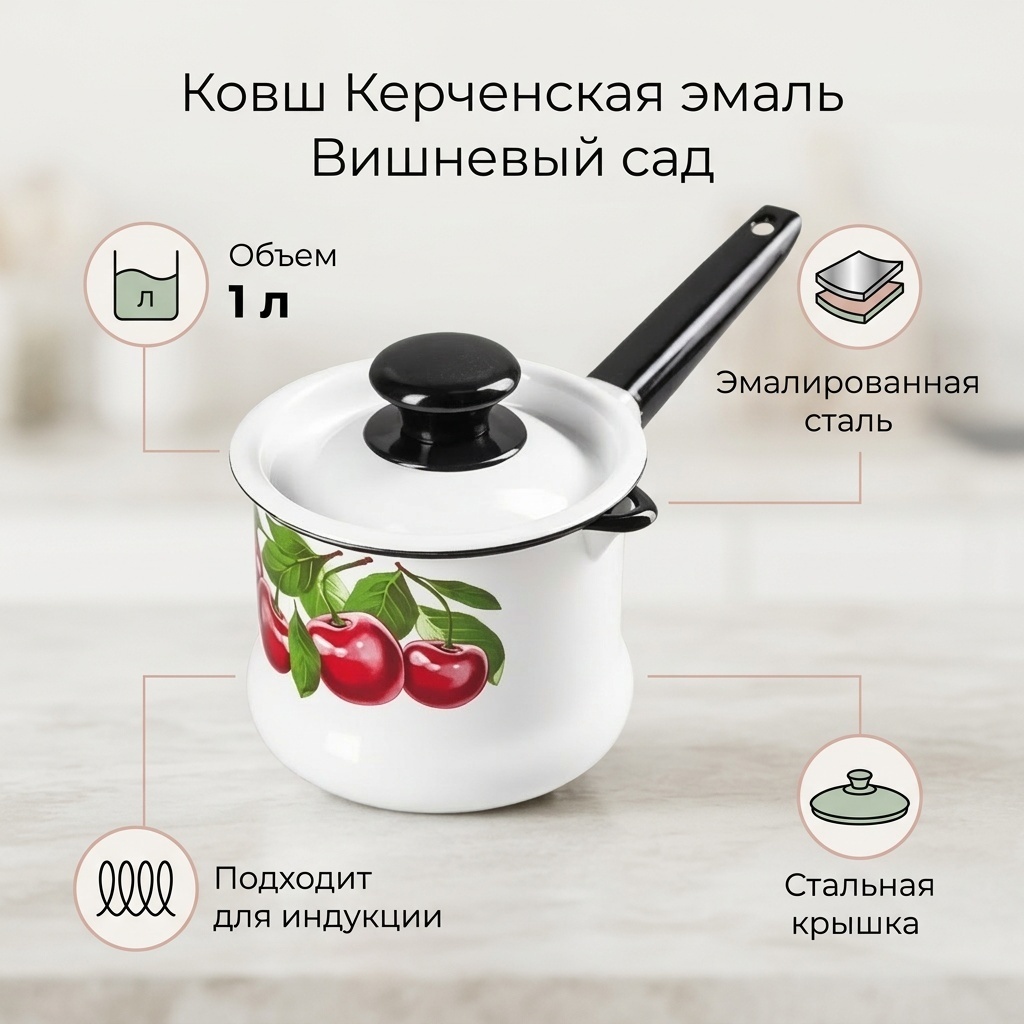 Ковш 1 л, Керченская эмаль Вишневый сад сталь