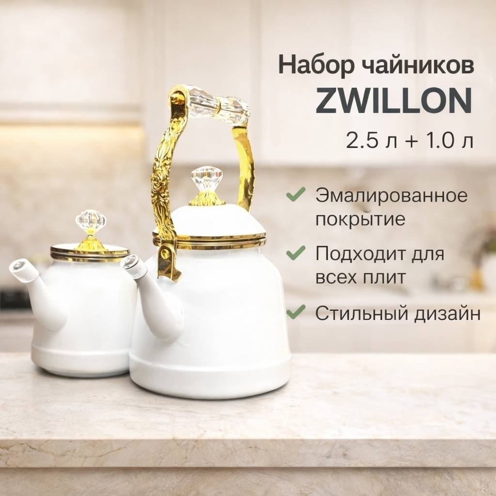 ZWILLON набор чайников ZW-0116 2.5 л, нержавеющая сталь, эмаль, эмалированная сталь