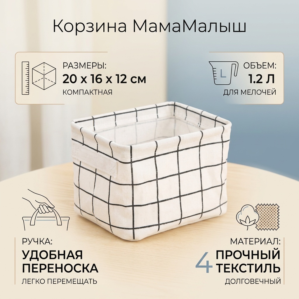 МамаМалыш корзина для игрушек 20x16x12 см, текстиль