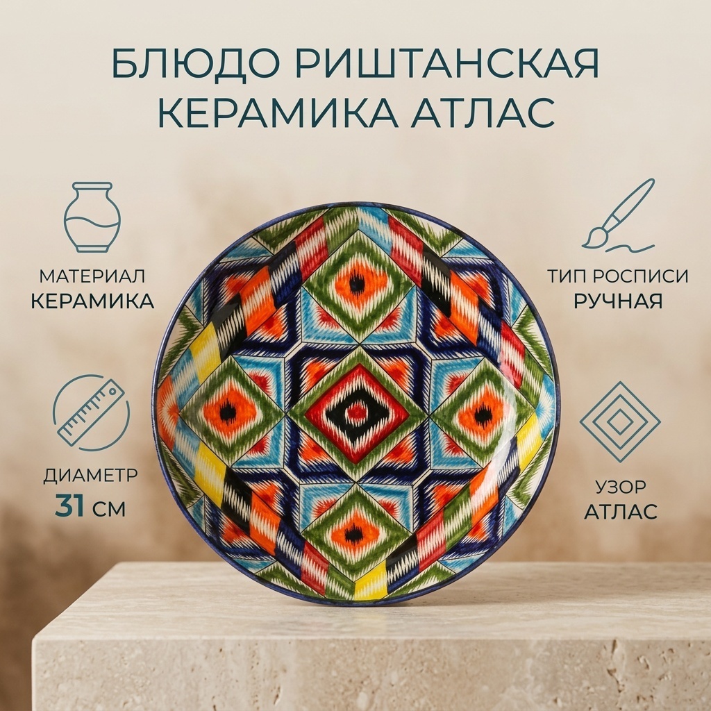 Блюдо Риштанская керамика 31х31 см, керамика, 1 шт