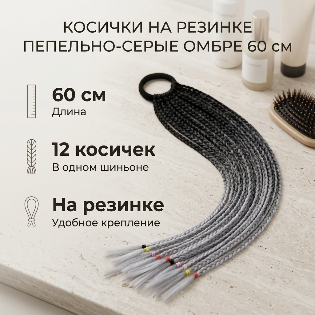 Косички на резинке пепельно-серый для девочки 60 см